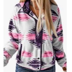 Southwestern Aztec Retro Print Snap-Front Fleece Jacket - Hot Pink/Purple